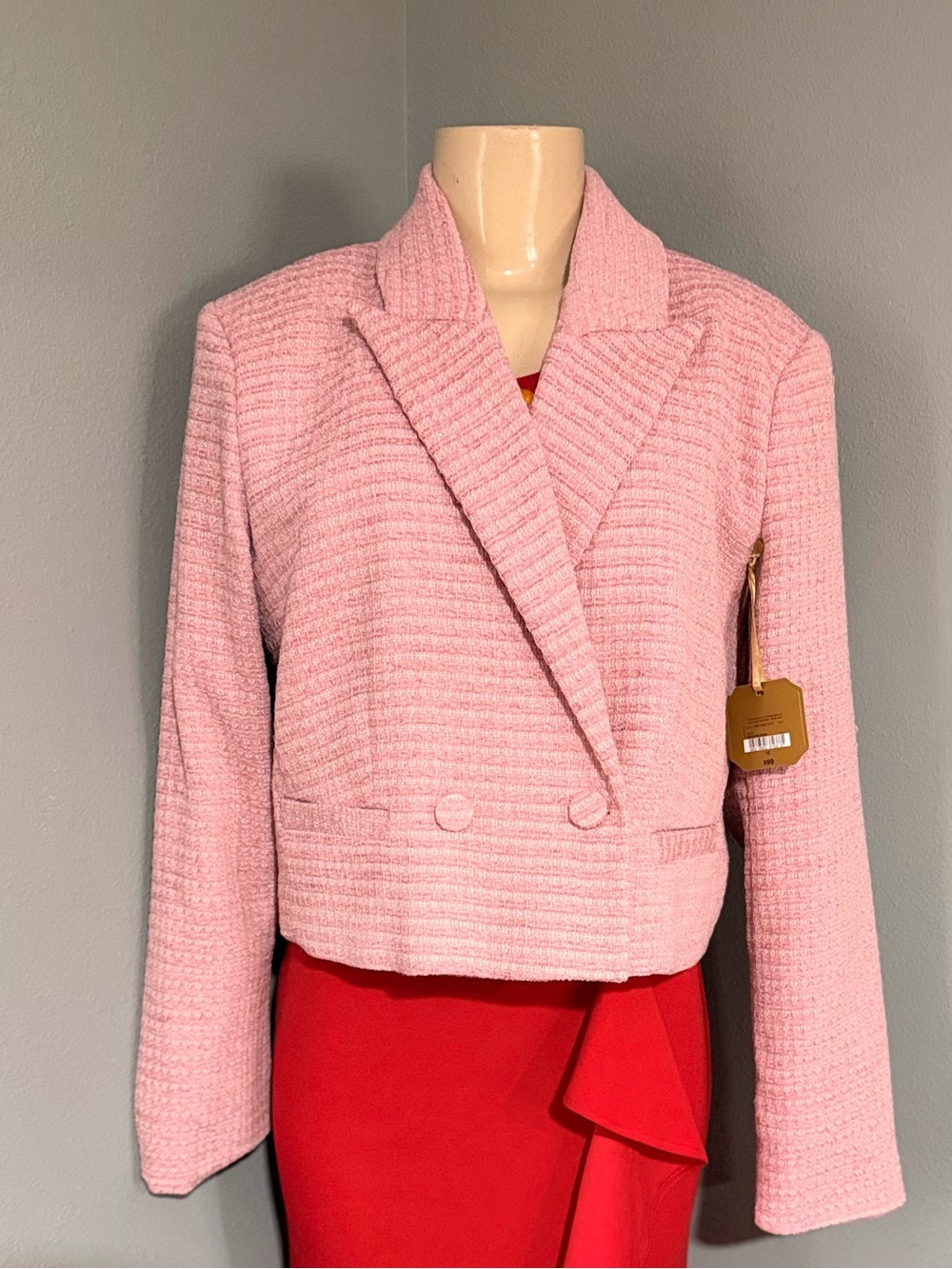 Pink Cropped Textured Blazer Jacket - Women